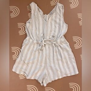 LOFT Linen Blend Tie Waist Striped Romper Jumpsuit Double V Neck Large 12